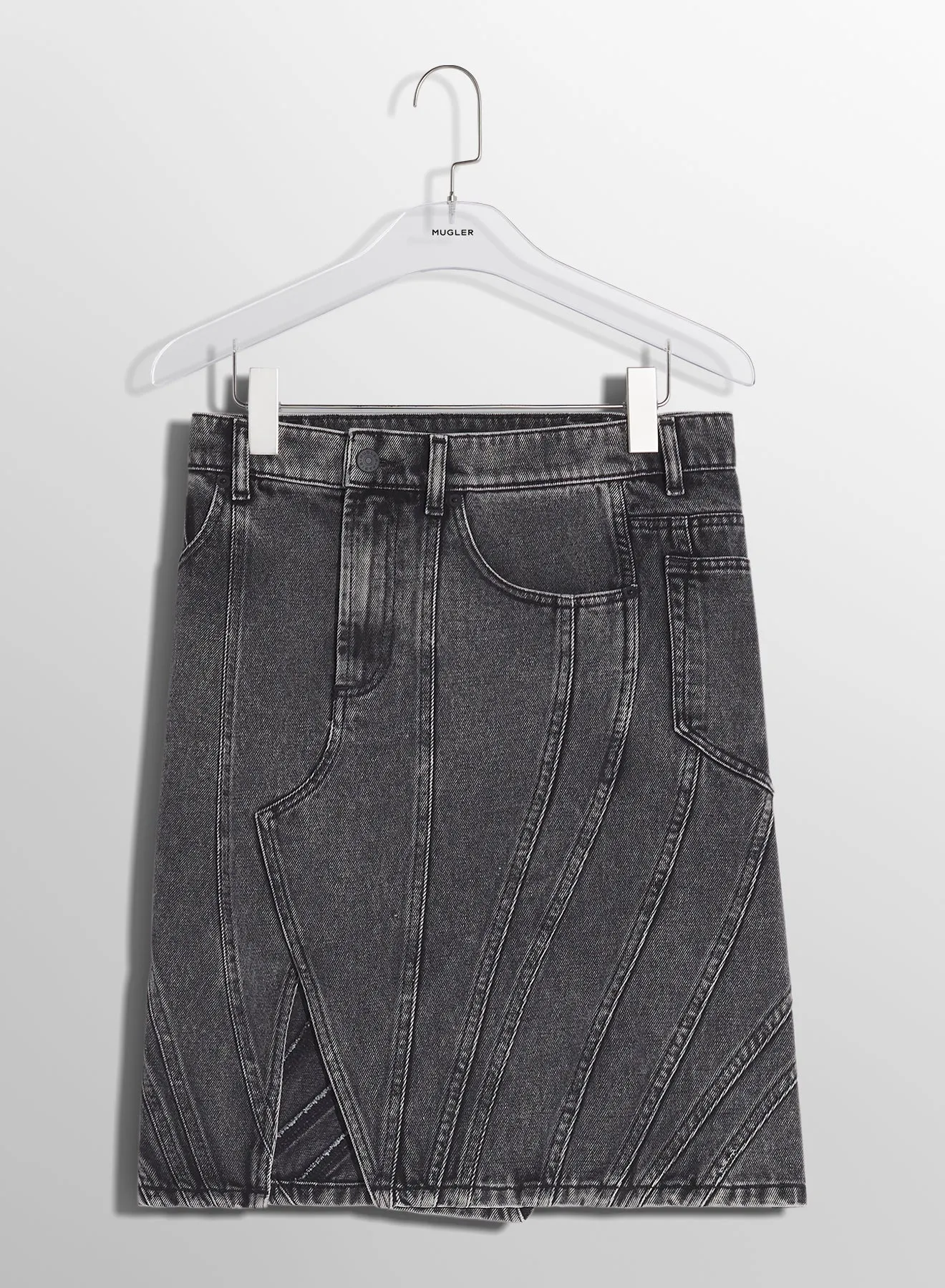 washed black spiral denim skirt