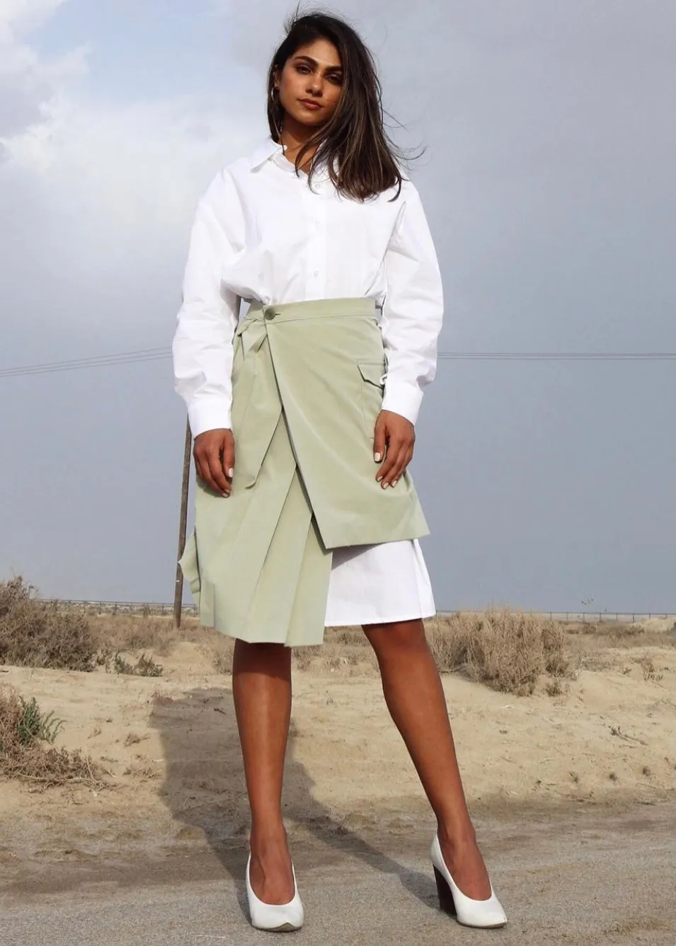 White and Pistachio Green Pleated Dress