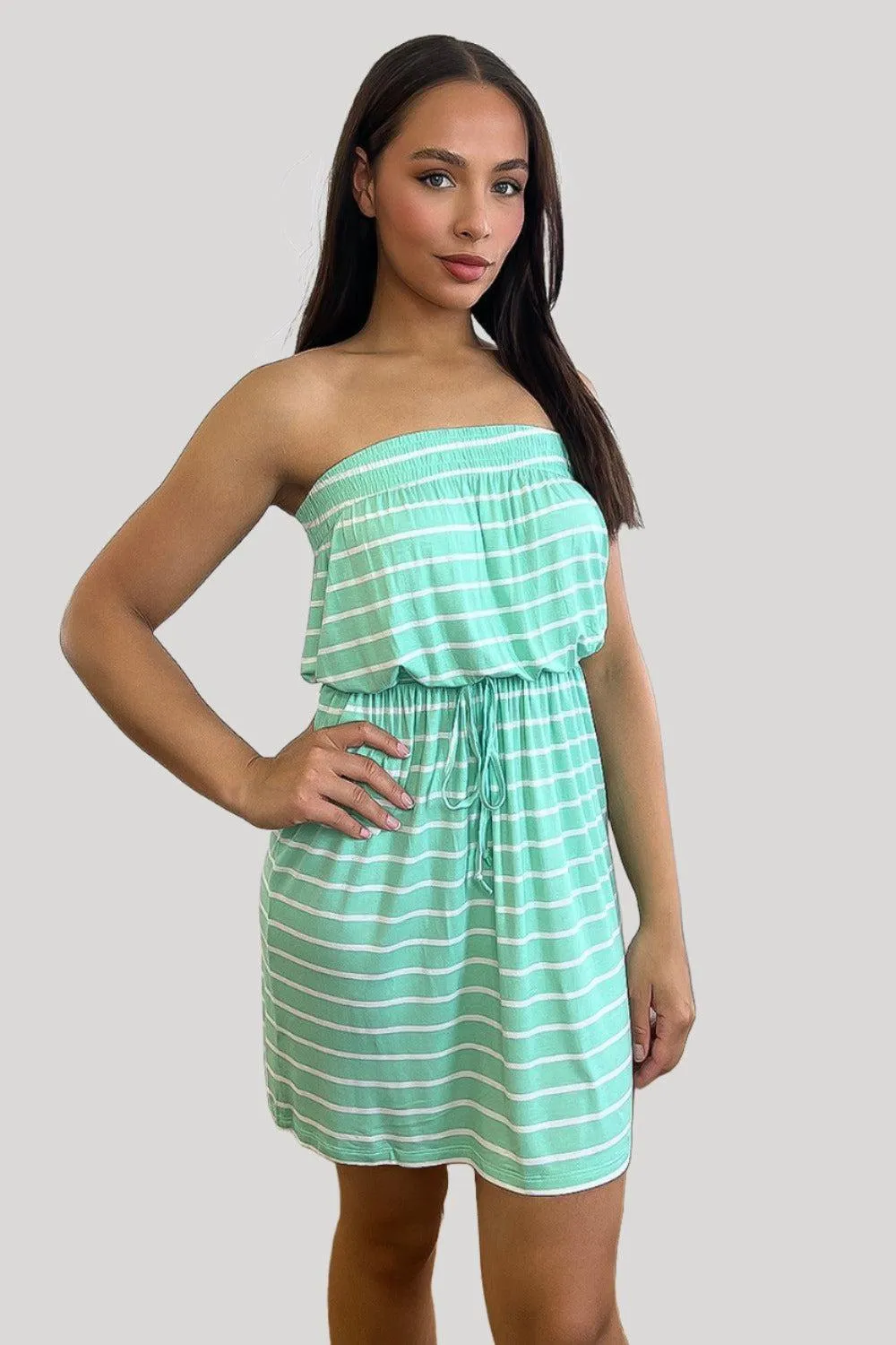 White Aqua Stripe Bandeau Dress