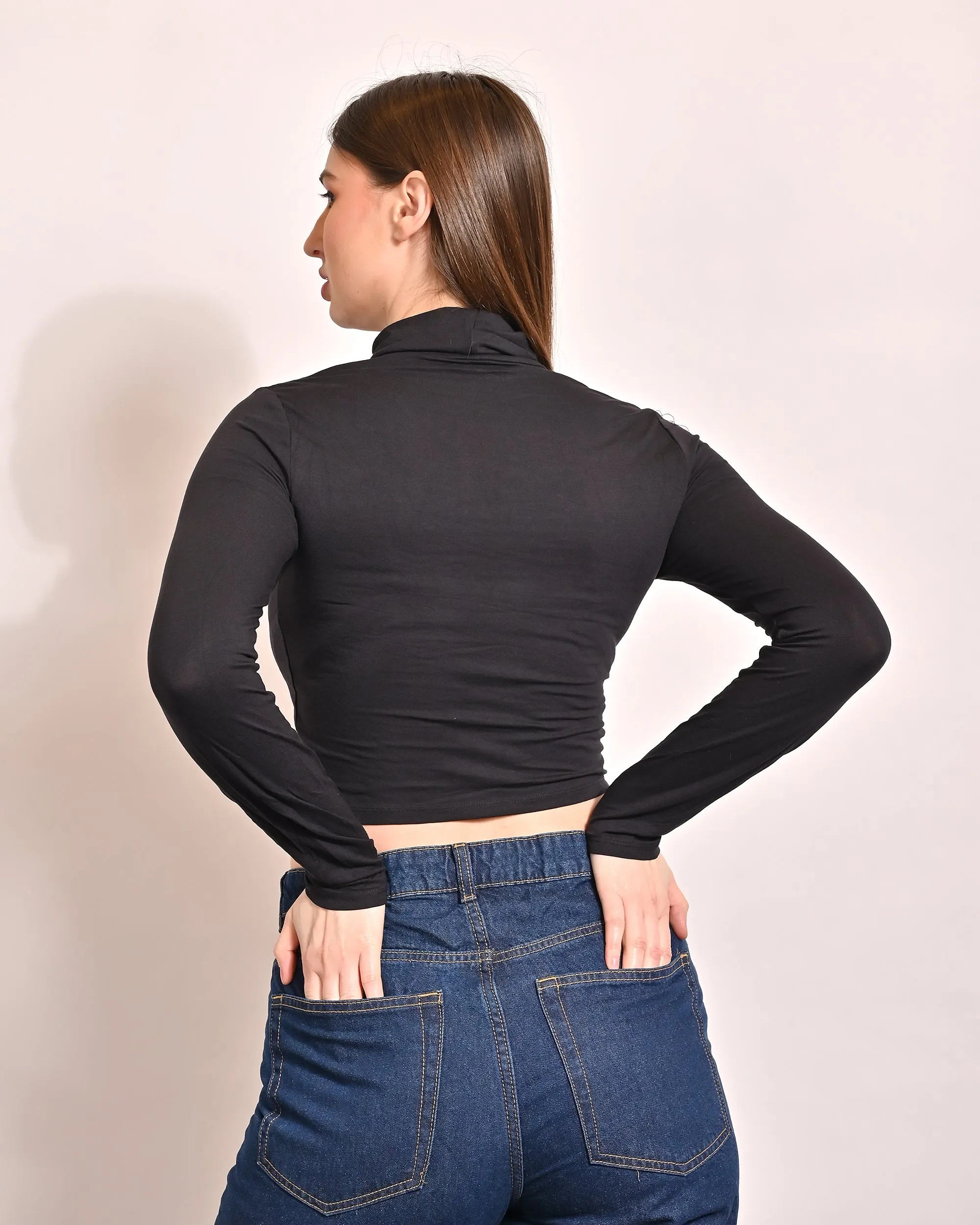 Women Black Turtle Neck Crop Top