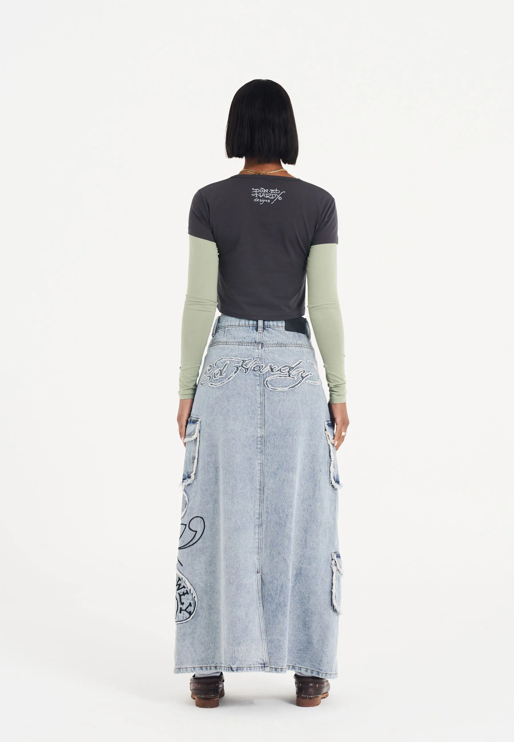 Womens Raw Edge Lks Denim Maxi Skirt - Bleach