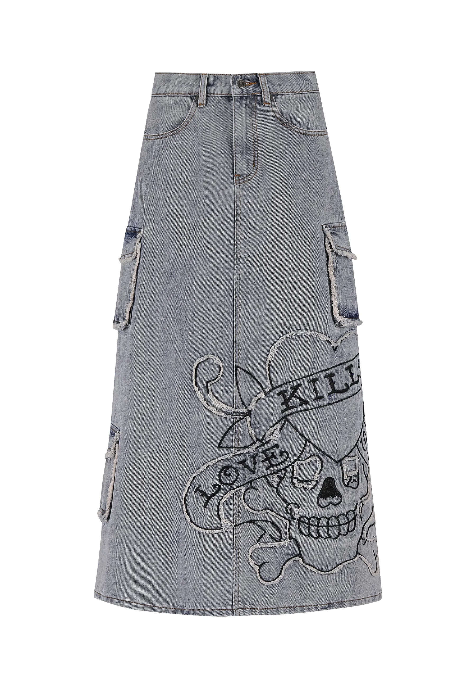 Womens Raw Edge Lks Denim Maxi Skirt - Bleach